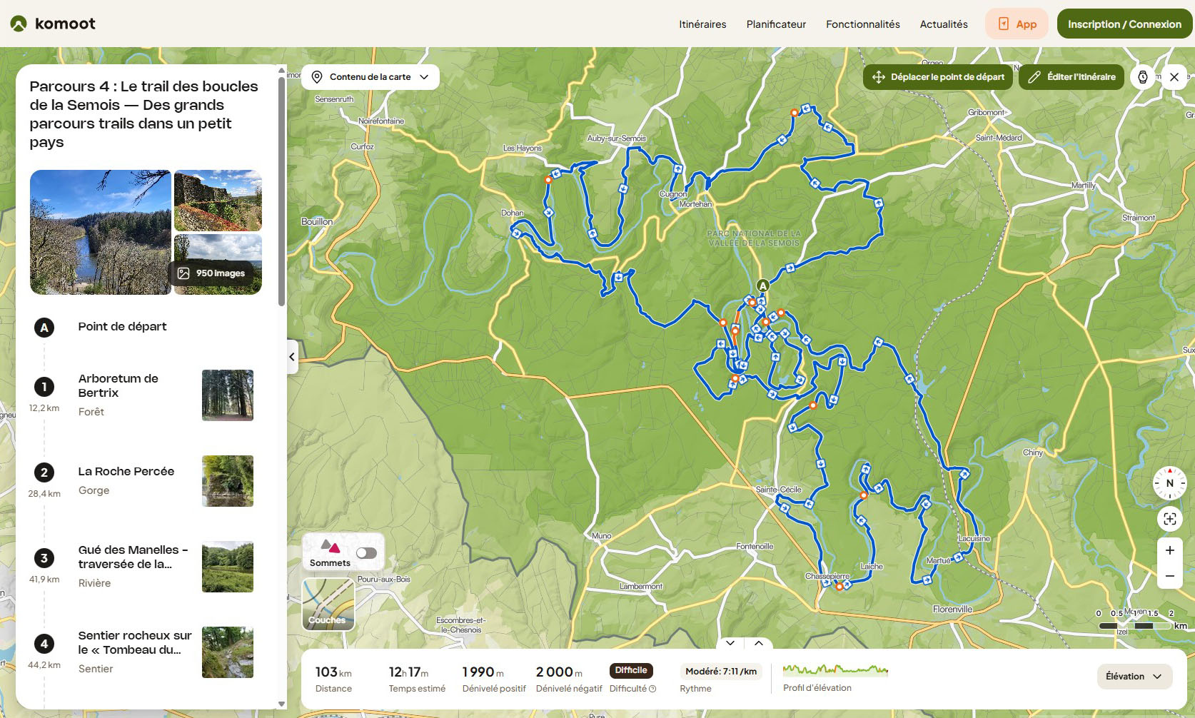 Ecran trails de la Sémois en Belgique, source komoot.com
